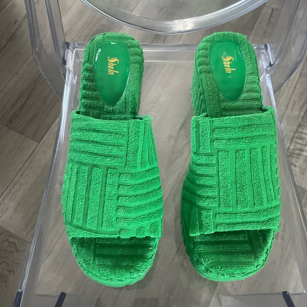 Green Textured Slide Sandals
